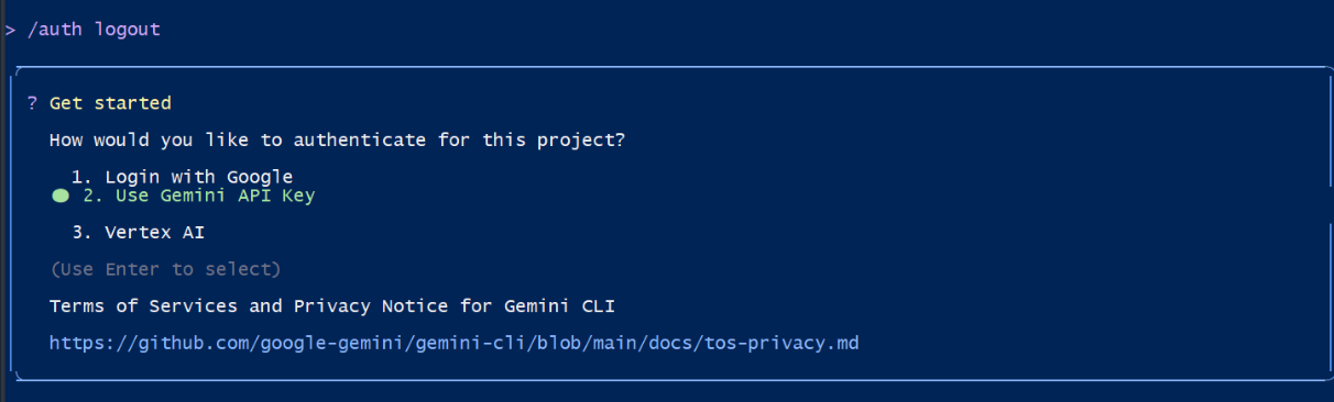 Gemini CLI 身份认证选择界面